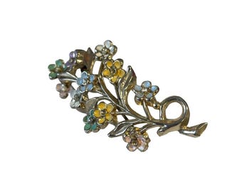 Vintage Floral Enamel & Gold-Tone Brooch Pin With Multicolor Flowers