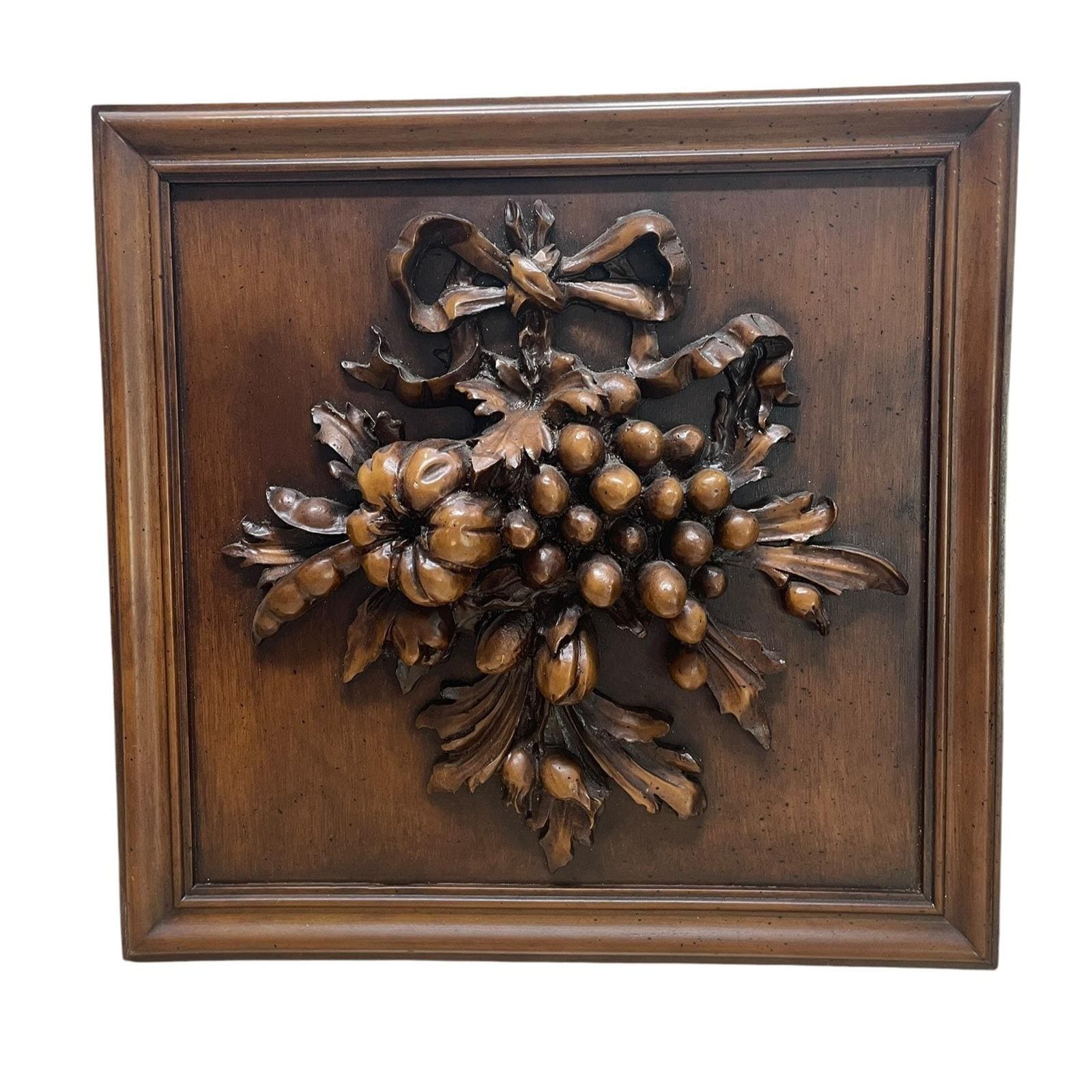 Jane Seymour Walnut Plaque Wall Art 3d Carved Fruit & Ribbon