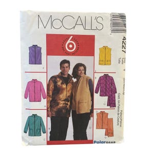 May include: A McCall's 4227 sewing pattern envelope for PolarGear garments. The front displays illustrations of various vests and jackets in colors including purple, yellow, pink, teal, and orange, alongside a photo of two people wearing fleece tops.
