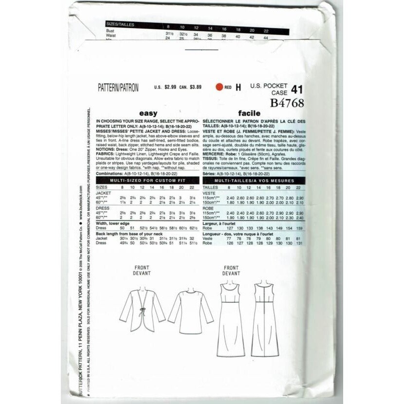 Butterick See and Sew Sewing Pattern 4768 Jacket Dress Misses Size 8-14 ...