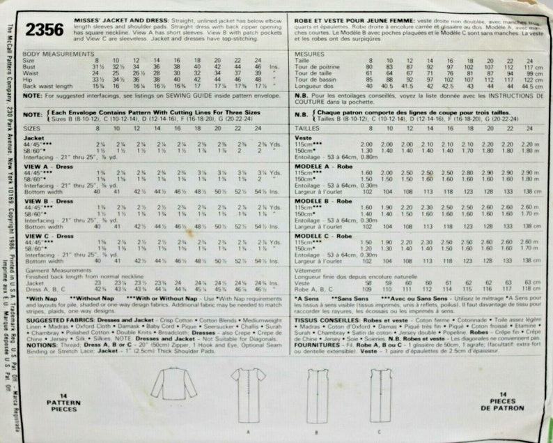 McCalls Sewing Pattern 2356 Miss Jacket Dress Size 20 22 24 80s Fashion