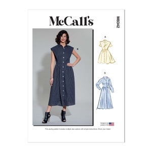 Puede incluir: Un patrón de costura para un vestido con tres vistas diferentes. El vestido es de largo midi con un frente abotonado y un cuello. El patrón está diseñado e impreso en los Estados Unidos. McCall's M8342.
