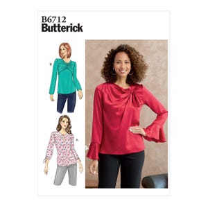 May include: A sewing pattern image features a red long-sleeve blouse with a bow detail and flared sleeves. The pattern also shows illustrations of other blouse designs, including a teal top and a floral print blouse. The text "B6712 Butterick" is at the top.