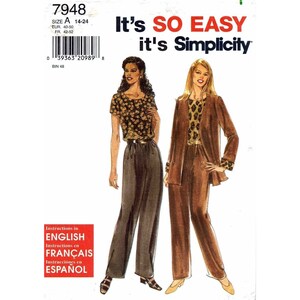 May include: A sewing pattern for a women's pantsuit. The pattern includes a long-sleeved jacket with a collar and a pair of wide-leg pants. The pattern is for sizes 14-24. The pattern is from Simplicity and is called "It's SO EASY it's Simplicity".