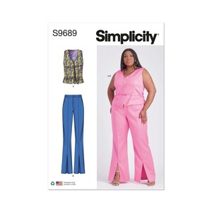 May include: A Simplicity sewing pattern featuring a woman in a pink sleeveless top and matching pants with side slits. The pattern also shows a vest with a colorful print and blue pants. The text "S9689" and "Simplicity" are visible.