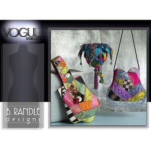 May include: Three colorful patchwork bags with unique designs. One bag is a long, narrow shape with a handle, another is a round hanging bag with tassels, and the third is a rounded shape with a beaded fringe.
