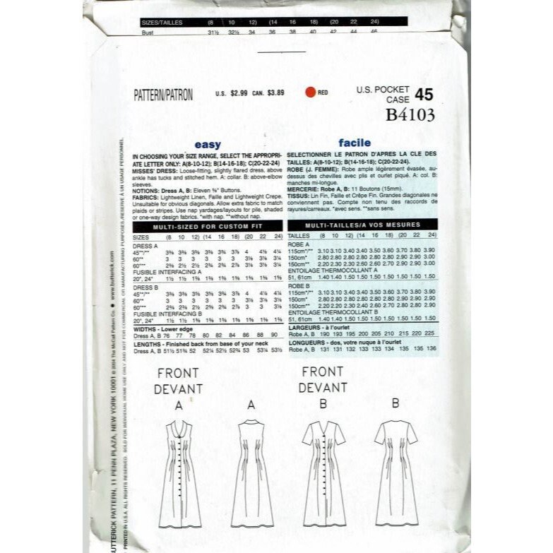 Butterick See and Sew Sewing Pattern 4103 Dress Misses Size 20-24 - Etsy