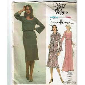 May include: A vintage sewing pattern for a dress, featuring three different styles. The pattern is for use with stretchable knit fabrics and is designed by Stan Herman. The pattern number is 1523.