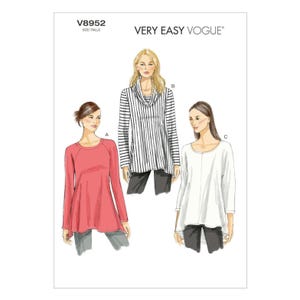 May include: Vogue sewing pattern V8952 featuring three different top designs. One is a red long-sleeve raglan top, another is a black and white striped cowl neck top, and the third is a white three-quarter sleeve top. The words "VERY EASY VOGUE" are at the top.
