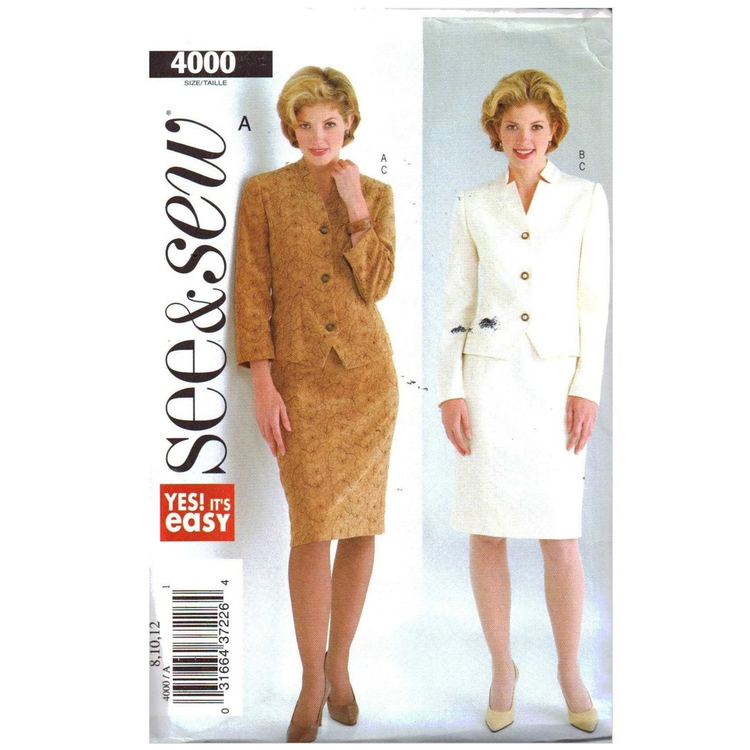Butterick See and Sew Sewing Pattern 4000 Misses Jacket Skirt Size 8-12 ...