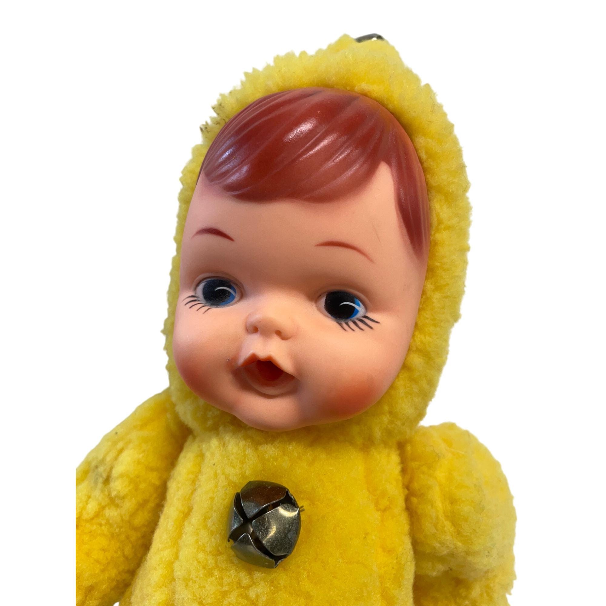 Vintage Yellow Rubber Face Plush Baby Doll With Red Hair & Bell