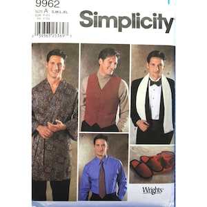 May include: A sewing pattern for men's clothing, including a robe, vest, shirt, and tuxedo. The pattern is from Simplicity and includes instructions for making each garment. The pattern is for sizes S, M, L, and XL.