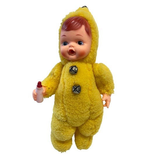 Vintage Yellow Rubber Face Plush Baby Doll With Red Hair & Bell