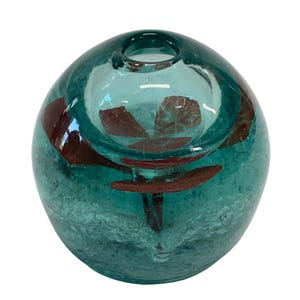 Handblown Turquoise Glass Vase With Embedded Red Flower Design