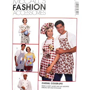 May include: A sewing pattern for making a chef's jacket, hat, aprons, a mitt, and a potholder. The pattern includes five different designs, including a red and white gingham apron, a blue and white striped apron, and an apron with a lobster print. The pattern is titled "Casual Cover-Ups".