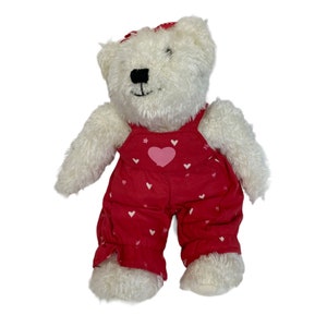 Vintage Hallmark Valentines Bear Plush White Red Hearts Jumper 9&quot;