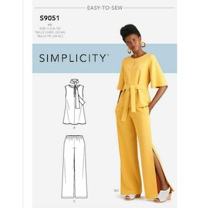 Könnte beinhalten: Ein Simplicity-Schnittmuster, S9051, mit einem gelben Top und Hosen-Set. Das Top hat einen Schlüsselloch-Ausschnitt und einen Bindegürtel. Die Hose ist weit geschnitten mit Seitenschlitzen. Größen U.S. 6-14, Euro-Größen (32-40).