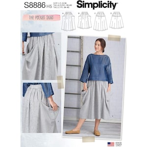 May include: Simplicity sewing pattern S8886 for "The Pocket Skirt." The pattern includes illustrations of the skirt design and a woman wearing the skirt. The pattern is for sizes U.S. 6-14.