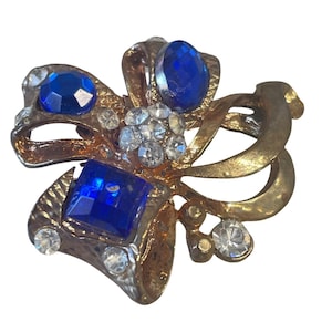 Vintage Gold-Tone Flower Brooch Blue & Clear Rhinestones Pin Costume Jewelry