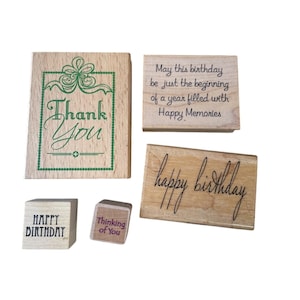 Set d'estampes en bois avec motifs Merci, joyeux anniversaire, je pense à vous