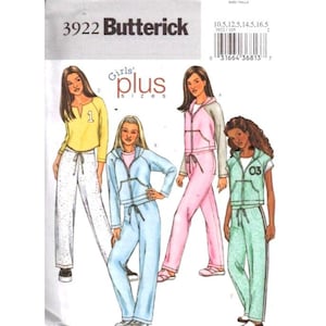 May include: Butterick sewing pattern 3922 for Girls' Plus sizes. The pattern features illustrations of girls wearing various tracksuits in yellow, blue, pink, and green. The pattern includes a barcode and size information.