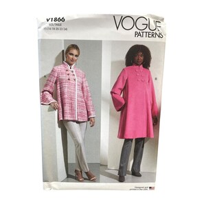 May include: Vogue Patterns sewing pattern V1866. The pattern features two coat designs. One coat is pink tweed with gold buttons, and the other is a bright pink coat with large buttons. The pattern size is F5 (16-18-20-22-24).