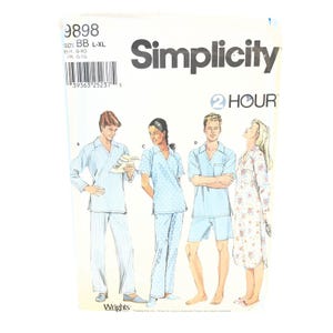 May include: Simplicity sewing pattern 9898 for sleepwear in size BB L-XL. The envelope features illustrations of four individuals wearing various pajama styles, including a striped set, a polka dot set, a solid set, and a floral nightgown.