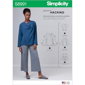May include: A woman models a blue long-sleeve top and gray wide-leg pants. The image is a Simplicity sewing pattern advertisement, with illustrations of different garment variations. The pattern is labeled "HACKING" and includes the text "SINCE 1927".