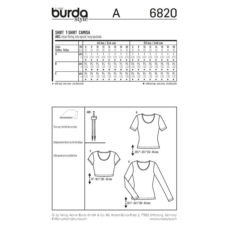 Burda Style 6820 Sewing Pattern for Womens T-shirts With 3 Styles Size ...
