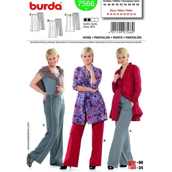 Burda Sewing Pattern 7566 Pants Pantalon Misses Size 18-34