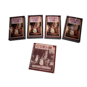 Puede incluir: Cinco cintas de cassette vintage y un folleto. Las cintas y el folleto presentan el título "Classics for Joy" en fuente rosa y blanca. Las portadas de las cintas de cassette y el folleto tienen una pintura de personas con ropa de época.