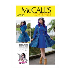May include: McCall's Costumes sewing pattern M7938 for a blue coat with a ruffled skirt. The pattern includes separate cup sizes for Misses: A/B, C, D.