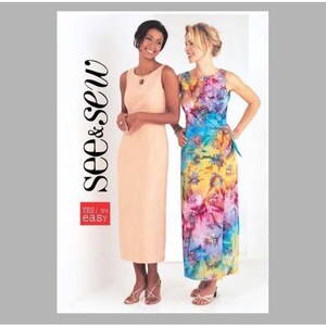 May include: Two women wearing long dresses. The woman on the left is wearing a light peach dress. The woman on the right is wearing a colorful tie-dye dress. The text "see & sew" is written vertically in black on the left side of the image. The text "yes! it's easy" is written in red on the left side of the image.