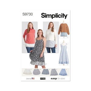 Puede incluir: Patrón de costura Simplicity S9730 con varios diseños de ropa de mujer. La imagen incluye un vestido con estampado floral, faldas y tops. El patrón está etiquetado como "easy-to-sew" e incluye imágenes de las prendas terminadas.