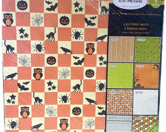 May include: A package of acid-free scrapbook paper with a Halloween theme. The patterned sheets feature orange and cream checkerboard designs with bats, spiders, owls, and pumpkins. The package includes glittered and printed sheets, each 12 x 12 inches.