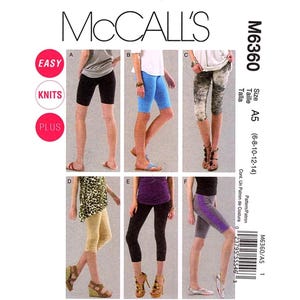 May include: A sewing pattern for knit capri pants. The pattern includes five different styles of capri pants, including a black pair, a blue pair, a pair with a printed design, a pair with a leopard print, and a pair with a purple top and a black bottom. The pattern is for sizes 6-8-10-12-14. The pattern is labelled "Easy Knits Plus" and "M6360".