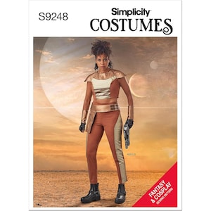 May include: Simplicity Costumes sewing pattern for a fantasy and cosplay outfit. The image shows a person wearing a brown and gold costume with a futuristic design, including a top, pants, and arm guards. The pattern includes options A, B, C, and D.