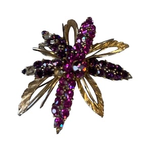Vintage Gold Tone Brooch Purple Rhinestones Floral Design Missing Some Stones