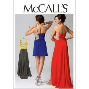 May include: McCall's pattern featuring three formal dresses. One is a strapless red gown with a high slit. Another is a short, blue, one-shoulder dress. The third is a black and gold dress with a long skirt.