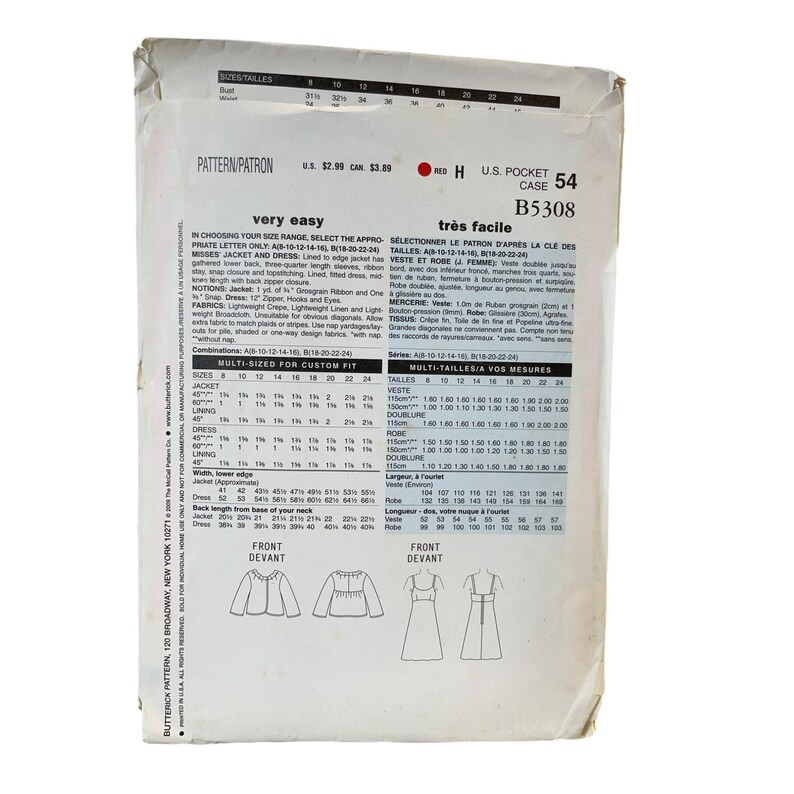 Butterick See and Sew Sewing Pattern 5308 Jacket Dress Misses Size 18 ...