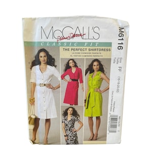 以下が含まれることがあります： McCall's Classic Fitの完璧なシャツドレスの縫製パターン。パターンには、サイズ16-18-20-22の複数のドレススタイルが含まれています。パッケージには、白、赤、緑の完成したドレスの写真が掲載されています。