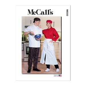 May include: A McCall's sewing pattern for a chef's uniform. The pattern includes a white chef's jacket, striped trousers, a red chef's jacket, and a white apron. The pattern number is M8332.