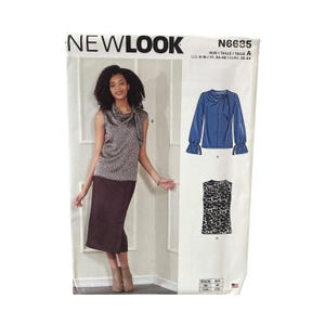May include: A New Look sewing pattern, N6685, featuring a woman wearing a sleeveless top and skirt. The pattern includes a long-sleeved blouse design. The text on the pattern reads "NEWLOOK" and size information in US, French, and Euro sizes.