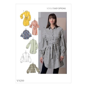 May include: A Vogue Easy Options sewing pattern, V9299, featuring shirt designs with various sleeve styles and belted waists. The main image showcases a striped shirt with balloon sleeves and a tie belt. Other designs include floral, plaid, and solid-colored shirts.
