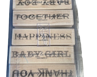 Stampin' Up! Wood Mounted Rubber Stamp Set 'Baby Boy' Sentiment 5-Piece