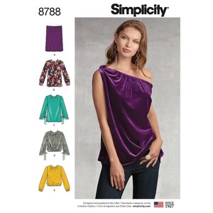 May include: Simplicity sewing pattern number 8788 for a one-shoulder top with a gathered neckline. The pattern includes five different views: a floral print top, a teal top, a black and white patterned top, a yellow top, and a purple velvet top.
