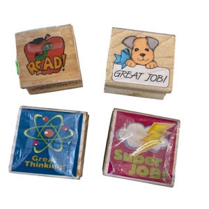 Juego de 4 sellos de madera motivacionales para profesores, niños y tareas escolares.