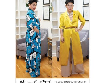 May include: Simplicity sewing pattern number S8985, featuring a long, flowing dress with a wrap style and a long, flowing coat with a wrap style. The dress is blue with a floral print, and the coat is yellow. The pattern is titled "Mimi G Style" and includes instructions for sewing along with Mimi G.