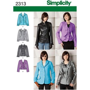以下が含まれることがあります： Simplicityパターン2313は、さまざまなジャケットのデザインを紹介しています。画像には、水色のブレザー、黒のレザージャケット、フリル付きの紫色のジャケットなど、さまざまなスタイルが示されています。パターンは、スタイリッシュなアウターウェアを作成するための多様なオプションを提供します。