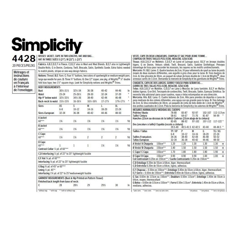 Simplicity Sewing Pattern 4428 Misses Jacket Cape Handbag Hat Size XS ...